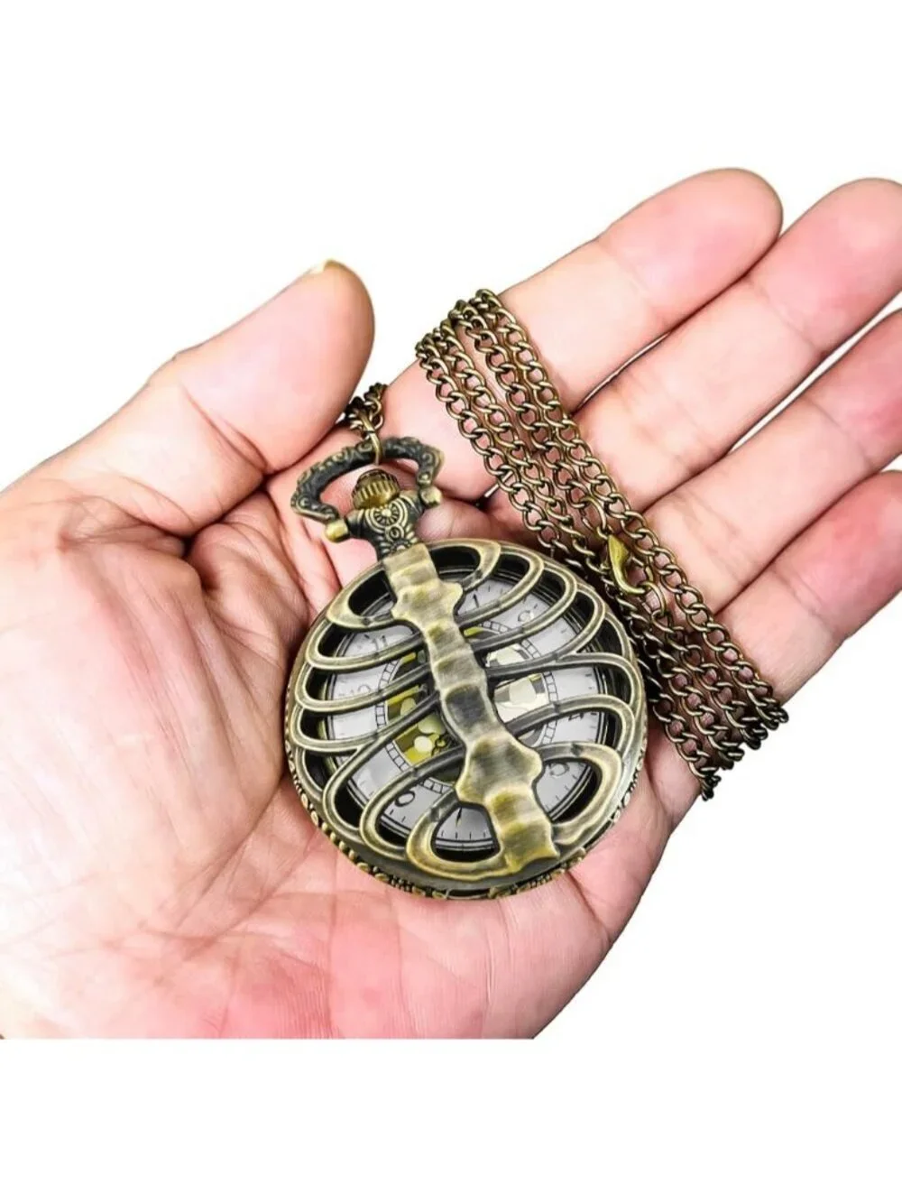 Men's Brown Vintage Chain Quartz Bronze Skeleton Necklace Halloween Pocket Watch